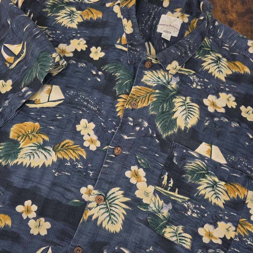 Tommy Bahama Relax Hawaiian Shirt Men XXL Navy Blue Linen Silk Sailboat Tropical